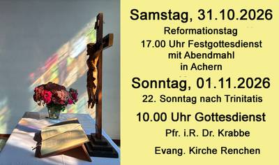 Plakat: links Kirche von Renchen rechts auf gelben Hintergrund der Hinweis zum nächsten Gottesdienst