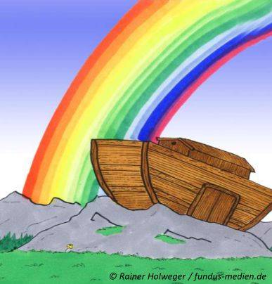 Quelle: Rolf Holweger / fundus-medien.de Vorne ein kleines Stück Wiese, dann 2-3 Berge, Felsen Darauf die Arche Noah (Holzschiff) und darüber ein großer Regenbogen. Dahinter ein leicht Hell bis bläulich Lila der Himmel